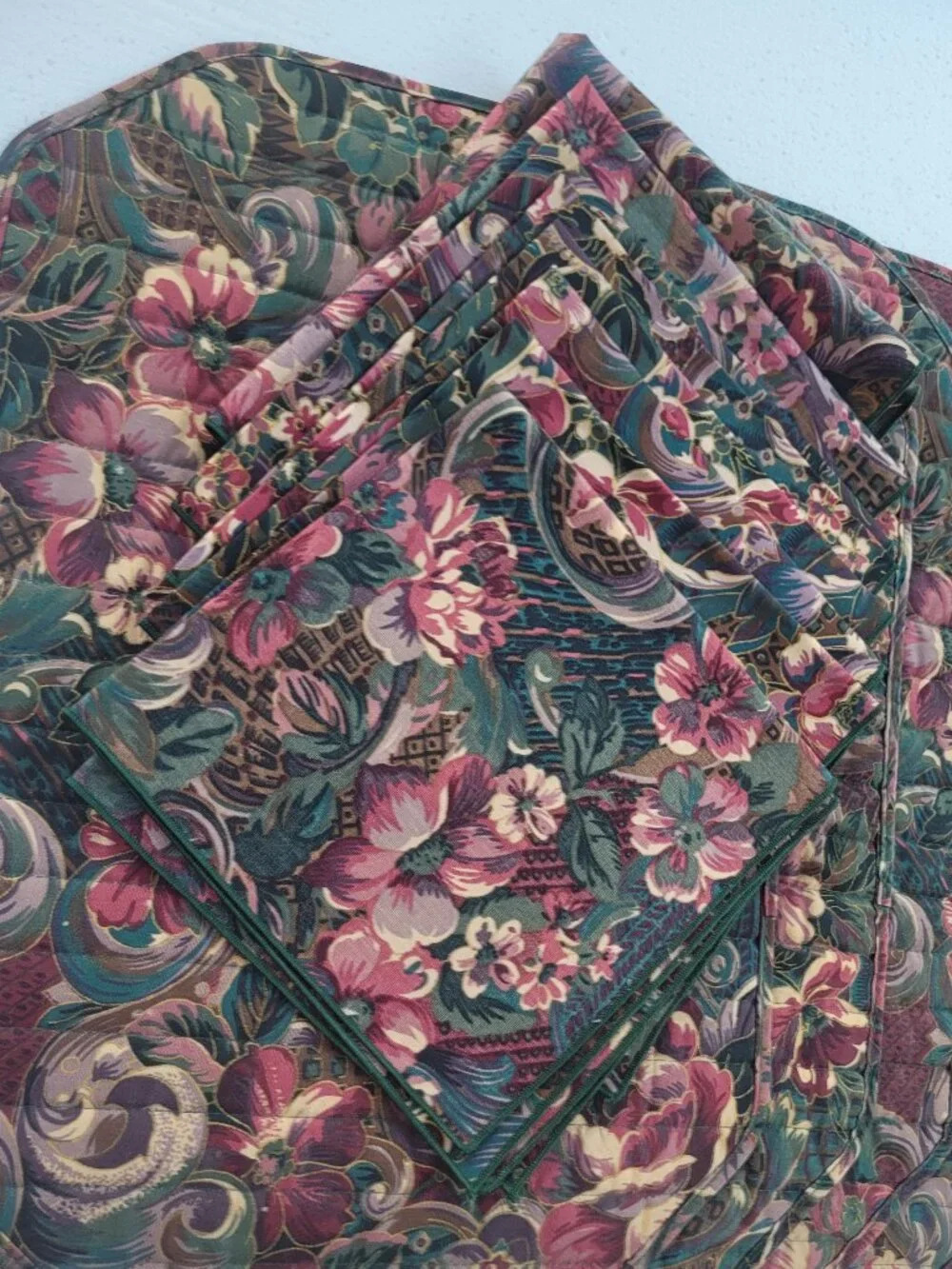 VTG Quilted Placemats & Napkins Set of 9 Floral Jewel Tone Tapestry EUC
